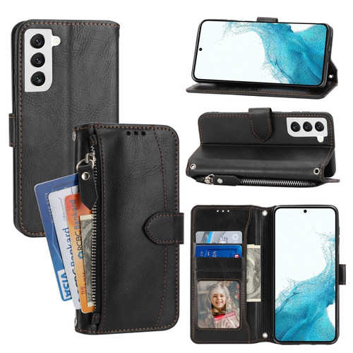 Oil Skin Zipper Wallet Leather Phone Case for Samsung Galaxy S23 5G - Black
