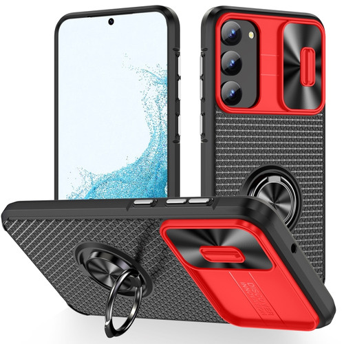 Sliding Camshield Armor Phone Case with Ring Holder for Samsung Galaxy S23 5G - Red Black