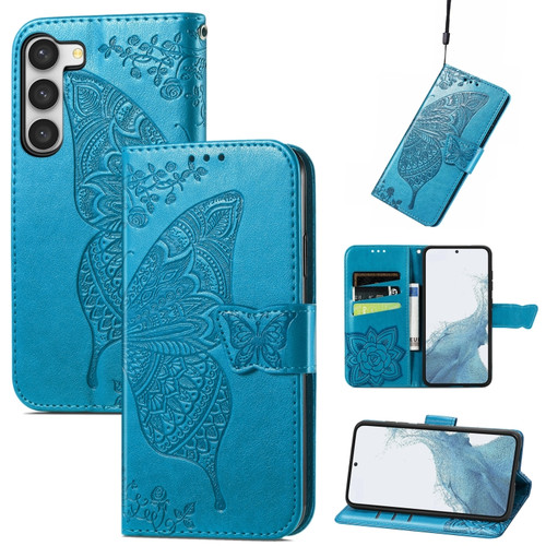 Butterfly Love Flower Embossed Leather Phone Case for Samsung Galaxy S23 5G - Blue