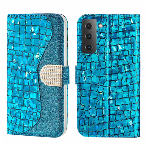 Laser Glitter Powder Crocodile Texture Leather Phone Case for Samsung Galaxy S23 5G - Blue