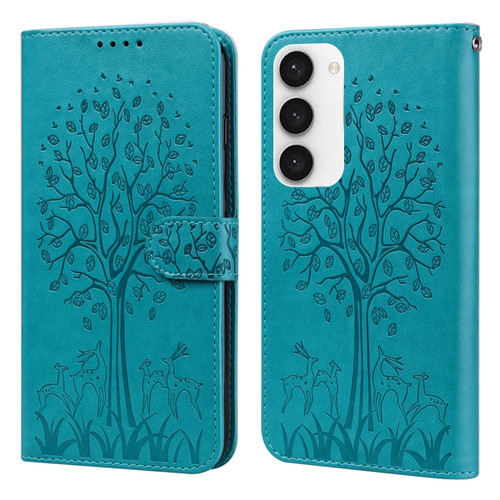 Tree & Deer Pattern Pressed Printing Horizontal Flip Leather Phone Case for Samsung Galaxy S23 5G - Blue