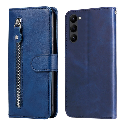 Calf Texture Zipper Leather Phone Case for Samsung Galaxy S23 5G - Blue