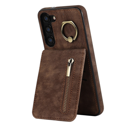 Retro Ring and Zipper RFID Card Slot Phone Case for Samsung Galaxy S23 5G - Brown
