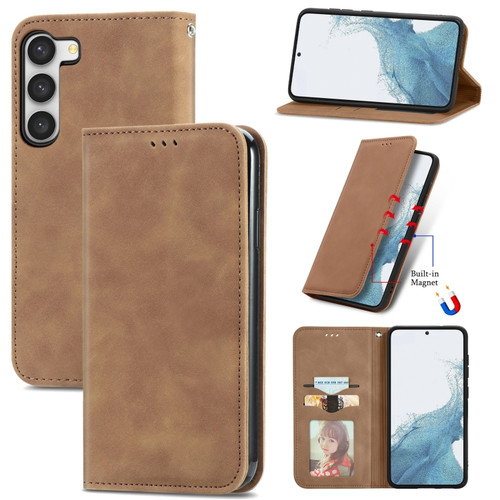 Retro Skin Feel Magnetic Leather Phone Case for Samsung Galaxy S23 5G - Brown