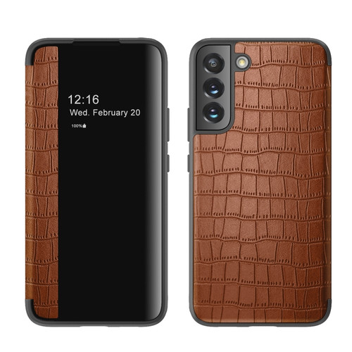 Crocodile Texture Window View Leather Phone Case for Samsung Galaxy S23 5G - Brown