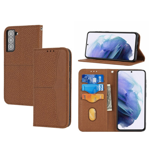 Woven Texture Stitching Magnetic Leather Phone Case for Samsung Galaxy S23 5G - Brown