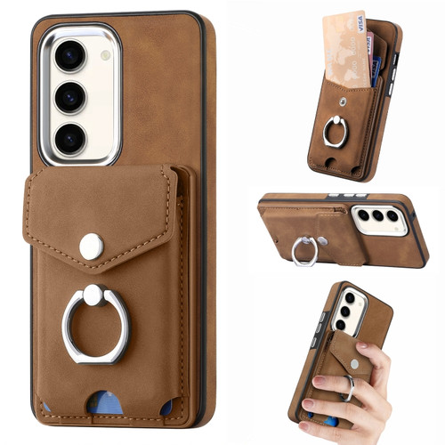 Electroplating Skin-feel Leather Ring Card Wallet Phone Case for Samsung Galaxy S23 5G - Brown