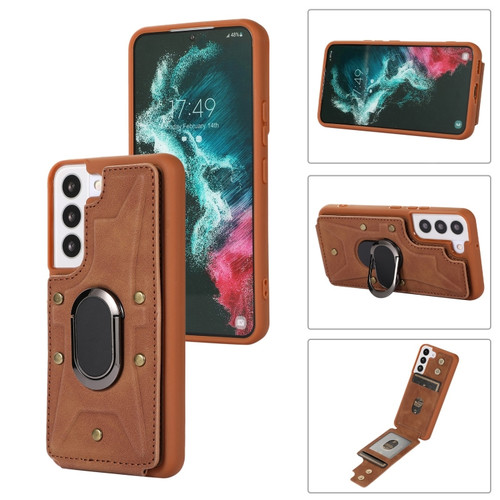 Armor Ring Wallet Back Cover Phone Case for Samsung Galaxy S23 5G - Brown