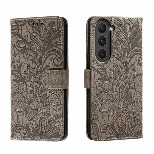 Lace Flower Embossing Flip Leather Phone Case for Samsung Galaxy S23 5G - Grey