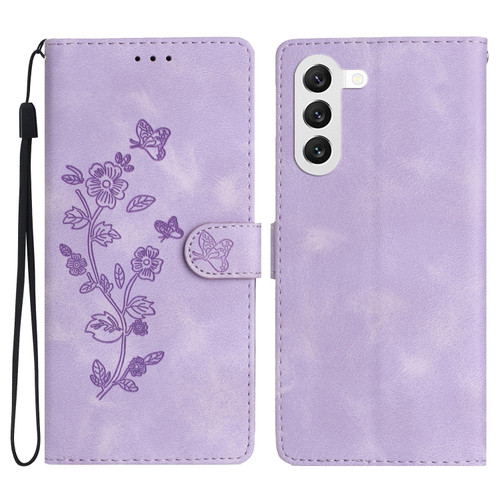 Flower Butterfly Embossing Pattern Leather Phone Case for Samsung Galaxy S23 5G - Purple