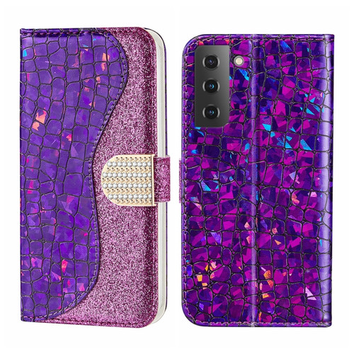 Laser Glitter Powder Crocodile Texture Leather Phone Case for Samsung Galaxy S23 5G - Purple