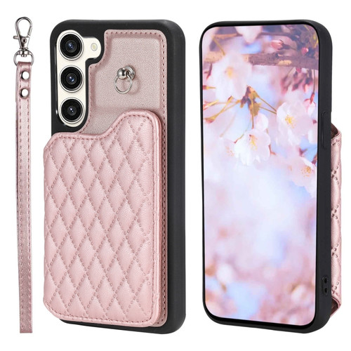 Grid Texture Card Bag Phone Case with Lanyard for Samsung Galaxy S23 5G - Rose Gold
