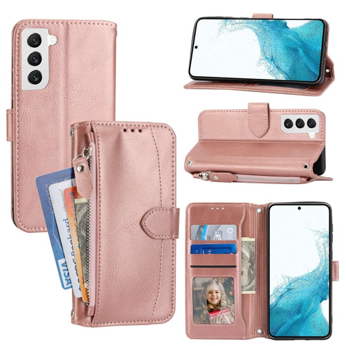 Oil Skin Zipper Wallet Leather Phone Case for Samsung Galaxy S23 5G - Rose Gold