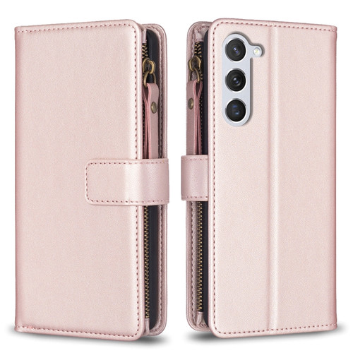 9 Card Slots Zipper Wallet Leather Flip Phone Case for Samsung Galaxy S23 5G - Rose Gold