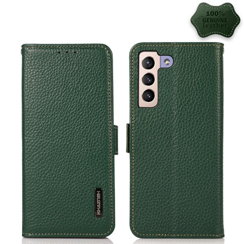 KHAZNEH Side-Magnetic Litchi Genuine Leather RFID Phone Case for Samsung Galaxy S23 5G - Green