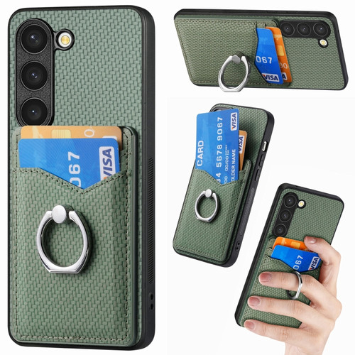 Carbon Fiber Card Wallet Ring Holder Phone Case for Samsung Galaxy S23 5G - Green