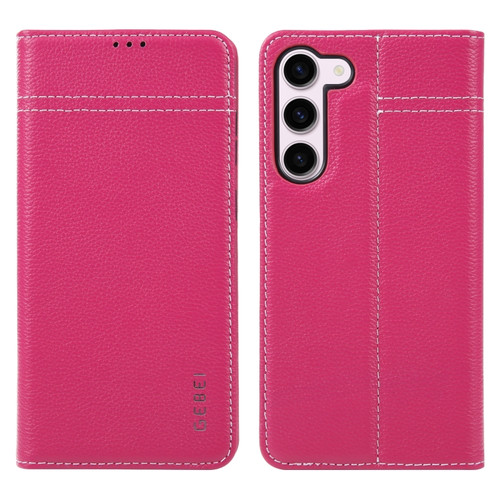 GEBEI Top-grain Horizontal Flip Leather Phone Case for Samsung Galaxy S23 5G - Rose Red