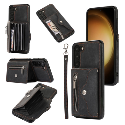 Zipper RFID Card Slots Phone Case with Short Lanyard for Samsung Galaxy S23+ 5G - Black