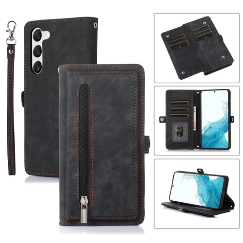 Zipper Card Slot Buckle Wallet Leather Phone Case for Samsung Galaxy S23+ 5G - Black