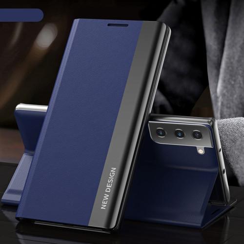 Side Electroplated Adsorption Leather Phone Case for Samsung Galaxy S23+ 5G - Dark Blue