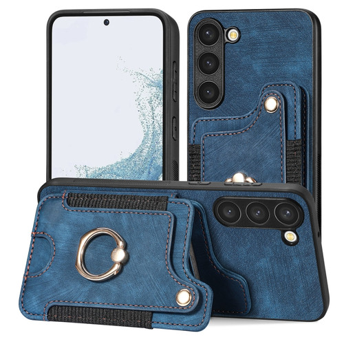 Retro Skin-feel Ring Multi-card Wallet Phone Case for Samsung Galaxy S23+ 5G - Blue