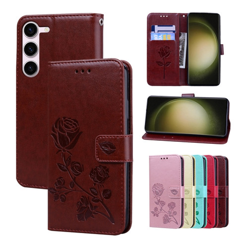 Rose Embossed Flip PU Leather Phone Case for Samsung Galaxy S23+ 5G - Brown