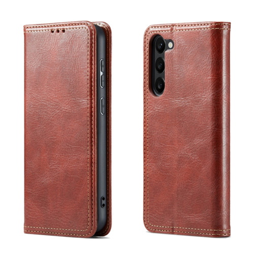 FIERRE SHANN Vintage Bark Texture Wallet Leather Phone Case for Samsung Galaxy S23+ 5G - Brown