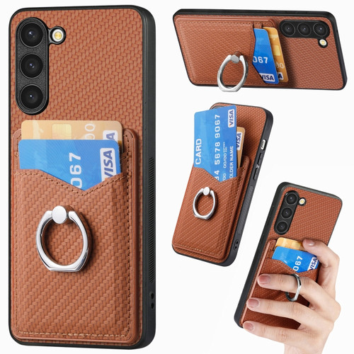 Carbon Fiber Card Wallet Ring Holder Phone Case for Samsung Galaxy S23+ 5G - Brown