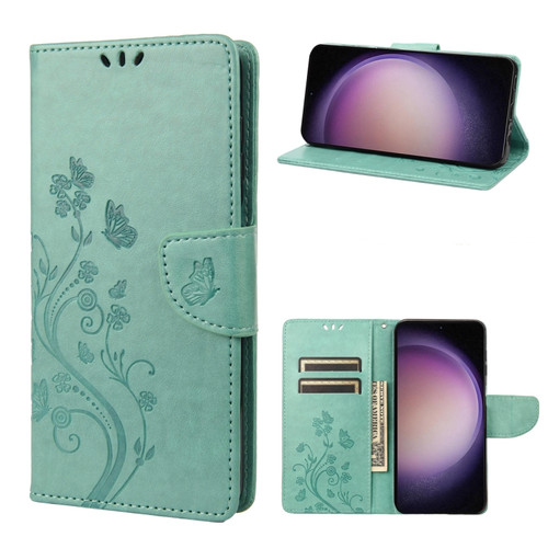 Butterfly Flower Pattern Flip Leather Phone Case for Samsung Galaxy S23+ 5G - Green