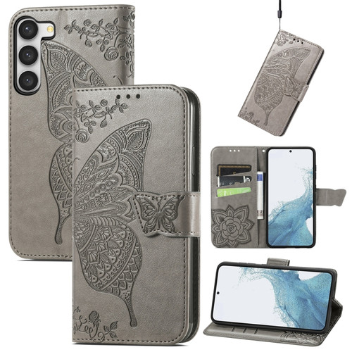 Butterfly Love Flower Embossed Leather Phone Case for Samsung Galaxy S23+ 5G - Gray