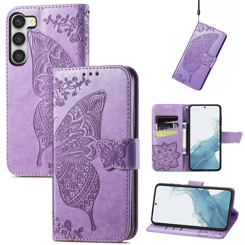 Butterfly Love Flower Embossed Leather Phone Case for Samsung Galaxy S23+ 5G - Lavender