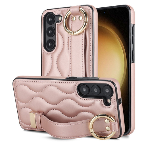 Samsung Galaxy S23+ Non-slip Full Coverage Ring PU Phone Case with Wristband for Samsung Galaxy S23+ 5G - Rose Gold