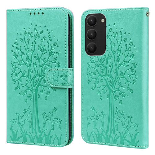 Tree & Deer Pattern Pressed Printing Horizontal Flip Leather Phone Case for Samsung Galaxy S23+ 5G - Green