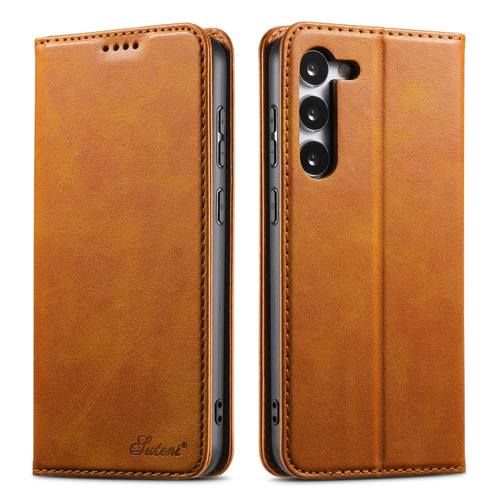 Suteni Calf Texture Horizontal Flip Leather Phone Case for Samsung Galaxy S23+ 5G - Khaki