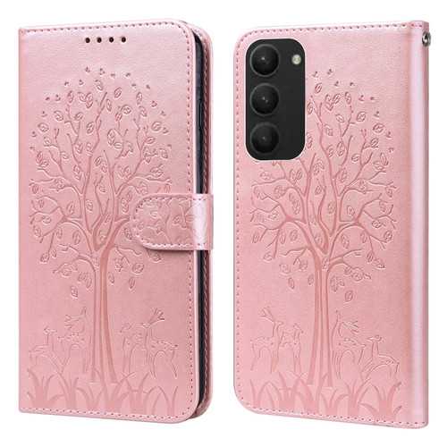 Tree & Deer Pattern Pressed Printing Horizontal Flip Leather Phone Case for Samsung Galaxy S23+ 5G - Pink