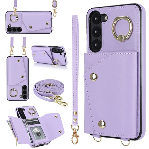 Zipper Card Bag Phone Case with Dual Lanyard for Samsung Galaxy S23+ 5G - Purple
