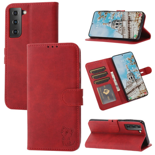 Embossed Happy Cat Pattern Flip Leather Phone Case for Samsung Galaxy S23+ 5G - Red