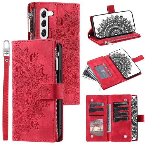 Multi-Card Totem Zipper Leather Phone Case for Samsung Galaxy S23+ 5G - Red