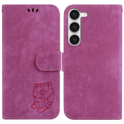 Little Tiger Embossed Leather Phone Case for Samsung Galaxy S23+ 5G - Rose Red