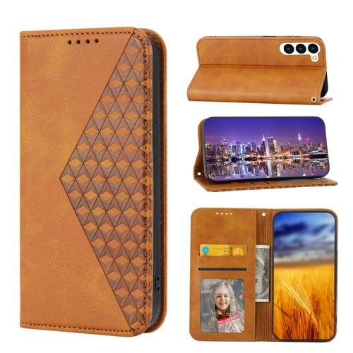Cubic Grid Calf Texture Magnetic Leather Phone Case for Samsung Galaxy S23+ 5G - Yellow