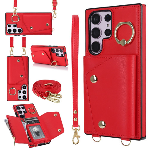 Zipper Card Bag Phone Case with Dual Lanyard for Samsung Galaxy S23 Ultra 5G - Red