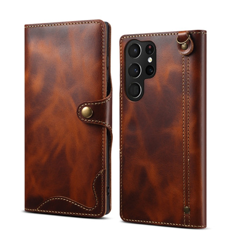 Denior Oil Wax Cowhide Magnetic Button Leather Phone Case for Samsung Galaxy S23 Ultra 5G - Brown