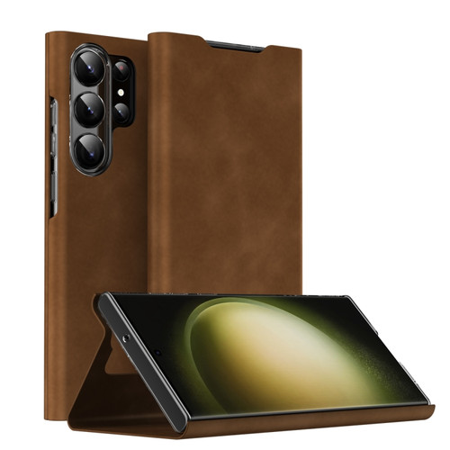 Magnetic Napa Texture Leather Phone Case with Holder for Samsung Galaxy S23 Ultra 5G - Brown