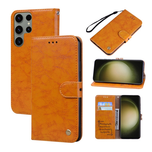 Oil Wax Texture Leather Phone Case for Samsung Galaxy S23 Ultra 5G - Yellow