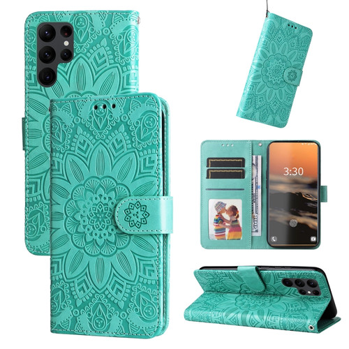 Embossed Sunflower Leather Phone Case for Samsung Galaxy S23 Ultra 5G - Green