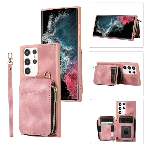 Zipper Card Bag Back Cover Phone Case for Samsung Galaxy S23 Ultra 5G - Pink