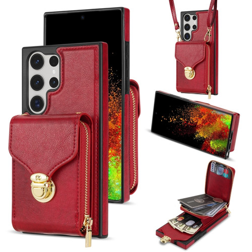 Zipper Hardware Card Wallet Phone Case for Samsung Galaxy S23 Ultra 5G - Red