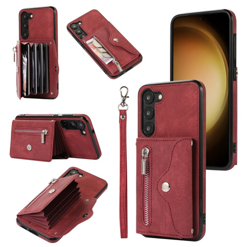 Zipper RFID Card Slots Phone Case with Short Lanyard for Samsung Galaxy S23 Ultra 5G - Red