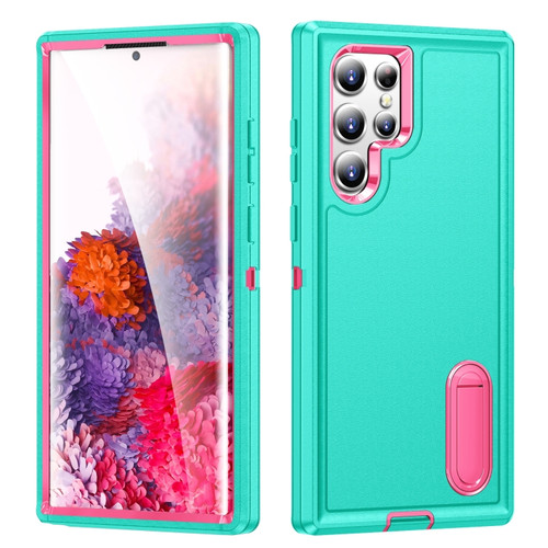 3 in 1 Rugged Holder Phone Case for Samsung Galaxy S23 Ultra 5G - Blue+Pink