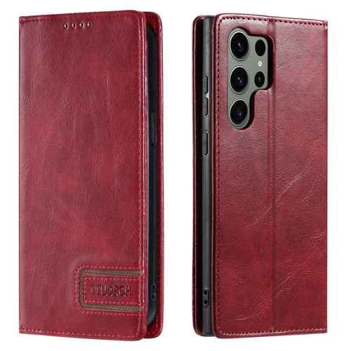TTUDRCH RFID Retro Texture Magnetic Leather Phone Case for Samsung Galaxy S23 Ultra 5G - Red